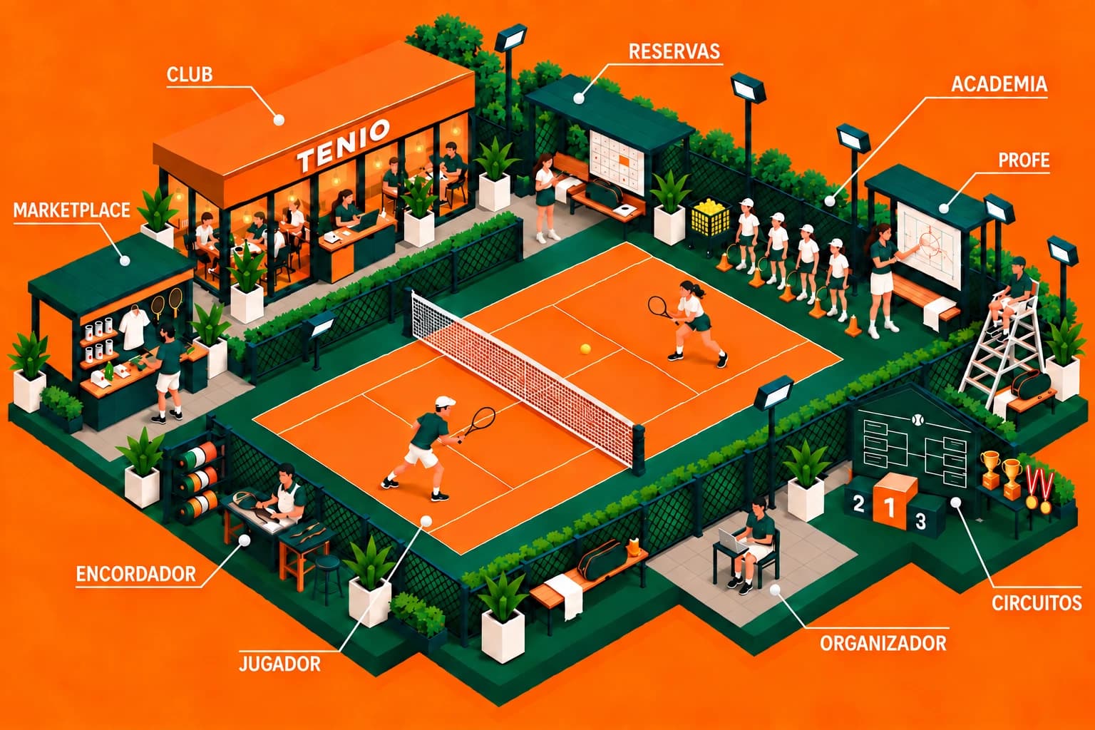 Un club de tenis en isometría con cada servicio de TENIO señalado: club, reservas, academia, profe, circuitos, organizador, jugador, encordador y marketplace
