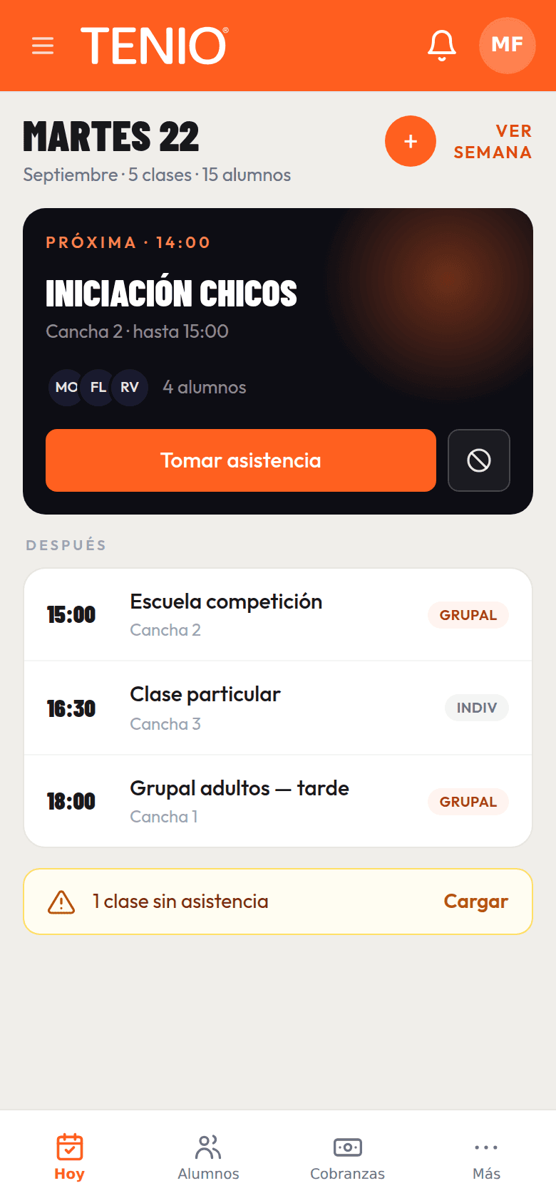 La agenda del día en TENIO Profe, con la clase en curso y las que siguen