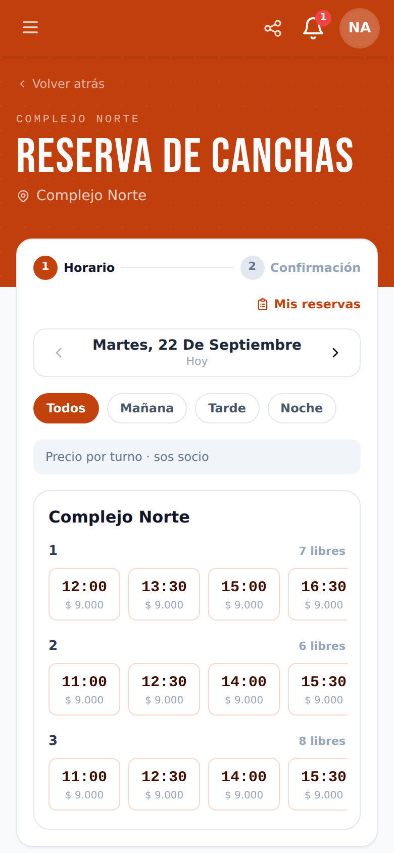 Reserva de canchas desde el teléfono, con los turnos libres y su precio